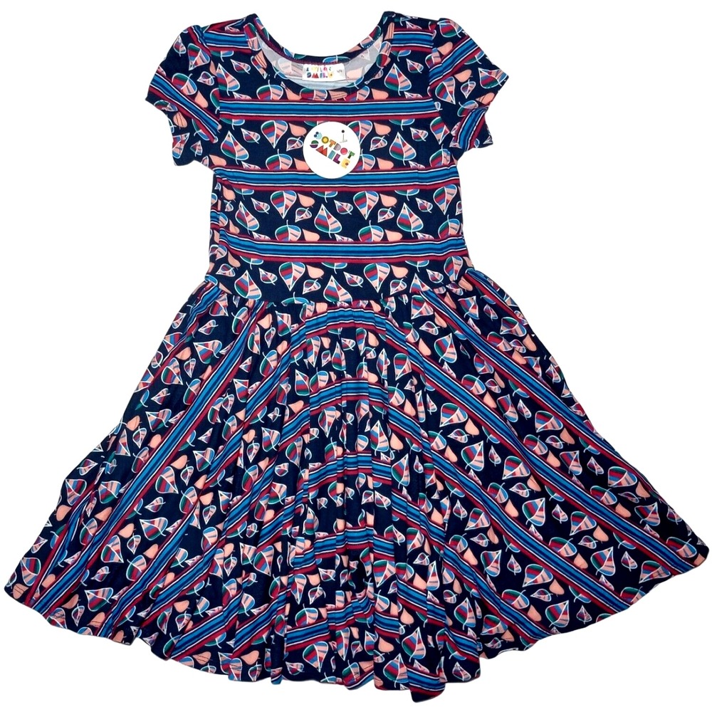 Dot Smile Girls 7 Navy Leaves Cap Sleeve Twirl Dress Soft‎ Blue NWT